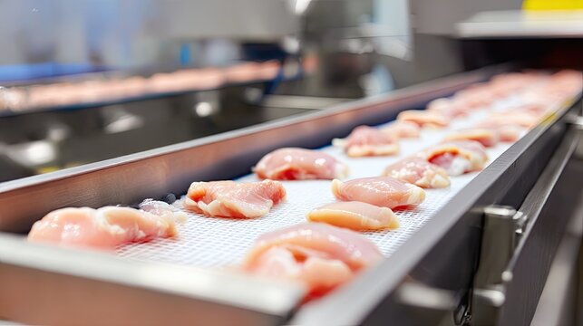 Conveyor belt transporting raw chicken meat pieces in food processing plant