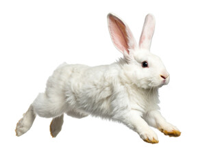 Obraz premium White Bunny Jumping with Spread Ears and Curved Body, Side-Front View, isolated