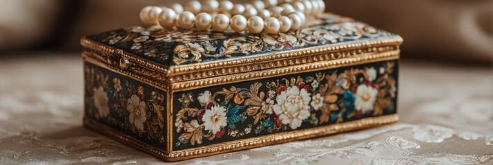 Decorative jewelry box adorned with floral patterns and pearls resting on an elegant fabric surface