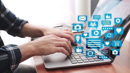Digital Marketing on Laptop with Social Media Icons and Plaid Shirt Sleeves Close Up Focus on Hands Typing for Business Growth