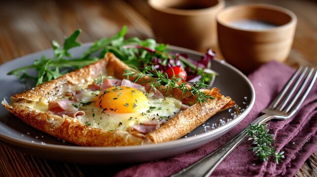 Savory buckwheat galette bretonne with egg, ham, and cheese, served with fresh salad