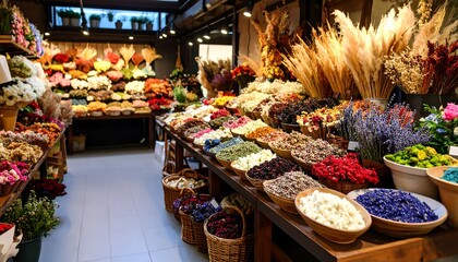 Vibrant display of dried and fresh flowers creates a captivating floral shop scene