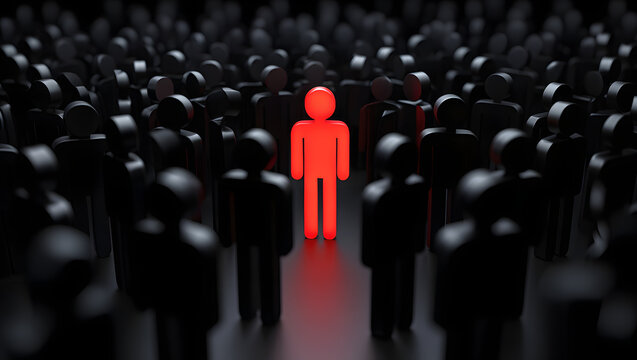 Social lifestyle and business competition and strange person concept. Red man color figurine among crowd black men people background. 