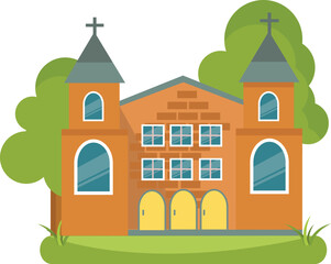 Church Building with Crosses and Trees in a Flat Style