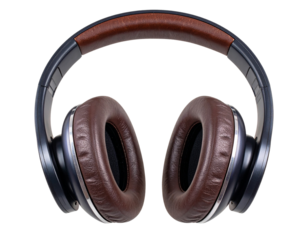 Wireless Headphones with Soft Leather Cushions, Front View Hanging on Invisible Stand, Isolated