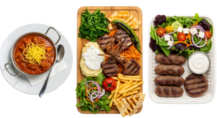 Three Delicious Meals with Stew, Lamb Chops, and Meat Platter on Transparent Background PNG