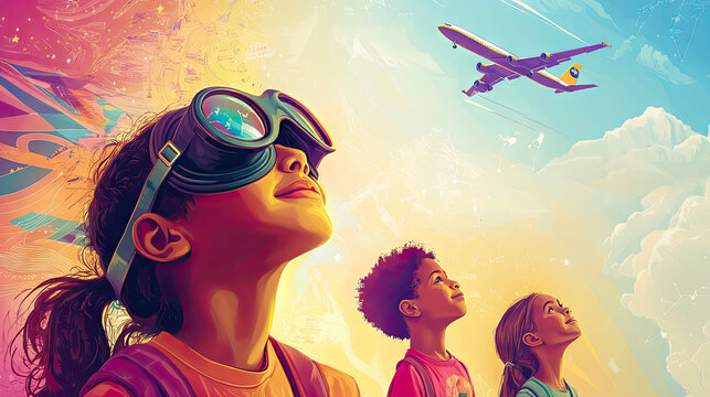 Diverse children's aviation dreams with goggles and airplane illustration for Air Force Birthday - Powered by Adobe