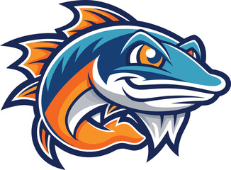 Fototapeta premium Aggressive blue and orange fish mascot with sharp teeth