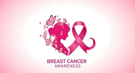 Breast cancer awareness design with pink ribbon and butterfly silhouette for health campaigns