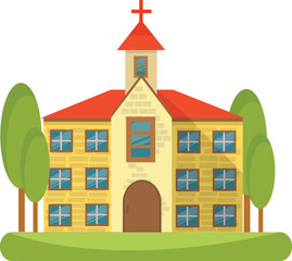 Cartoon Church Building with Trees and a Green Lawn