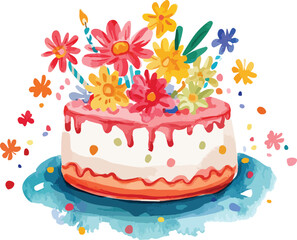 Whimsical watercolor birthday cake adorned with vibrant blooming flowers and dripping icing