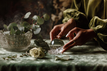 Hands with crystal ball, quartz crystals, and eucalyptus leaves on green velvet