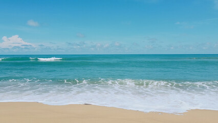 Tranquil Coastal Embrace: A serene panorama of the sea. gentle waves caress the sandy shore, and an...
