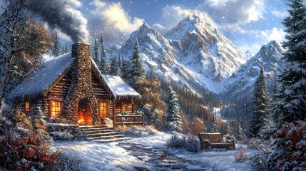 Snowy mountain cabin nestled in a pine-filled valley, warm fire inside