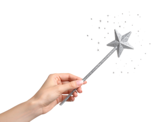 Sparkling Fairy Wand with Silver Star Tip, Straight Vertical Position, isolated on transparent background
