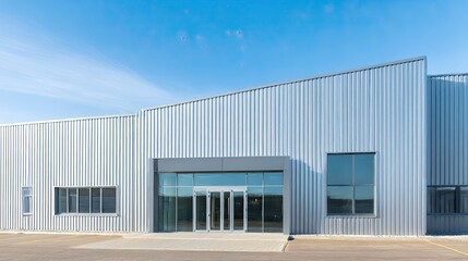 Obraz premium Modern industrial building with metallic exterior wall and glass windows