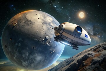 Spaceship approaches a detailed alien planet in deep space