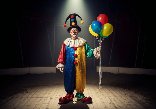 Full body shot of a smiling clown in a colorful costume and jester hat holding balloons on a stage