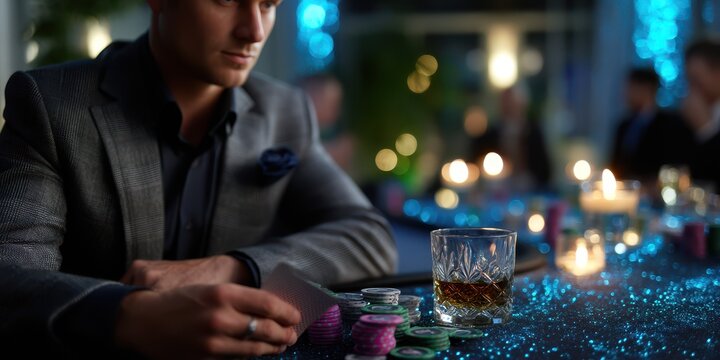 Elegant poker game at a stylish casino bar with players and drinks during an evening gathering - Powered by Adobe