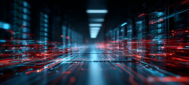 Abstract data flow in server room with glowing blue and red streams, network connections, and circuit patterns. Futuristic IT concept for data processing, technology infrastructure, and digital networ