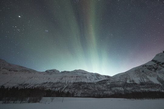Dancing green and purple northern lights up the starry sky over Norway majestic Lyngen Alps, casting a magical glow on snowy peaks and frozen landscapes - Powered by Adobe