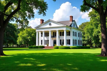 Majestic antebellum plantation house, white columns, sprawling lawn, lush green landscape, sunny day Perfect for historical, southern, architectural, estate themes , summer, colonial