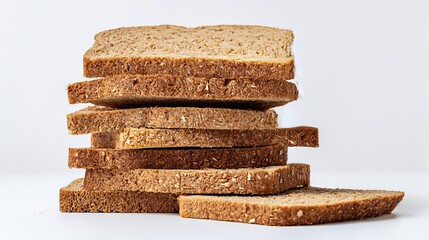 Stack of toasted sliced brown bread with oats on white background