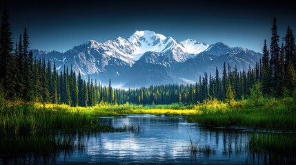 Snowy Mountain Range Tranquil Forest