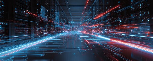 Abstract data flow in server room with glowing blue and red streams, network connections, and circuit patterns. Futuristic IT concept for data processing, technology infrastructure, and digital networ
