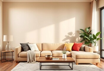 Beige wall, plush sofa, stylish living room decor,  stylish,  house
