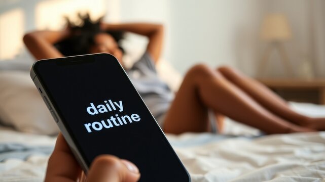 Smartphone with phrase daily routine and woman on the blurred background