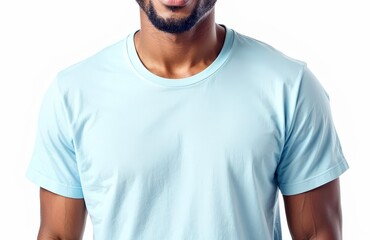 Fototapeta premium Man in blue color t-shirt on white background