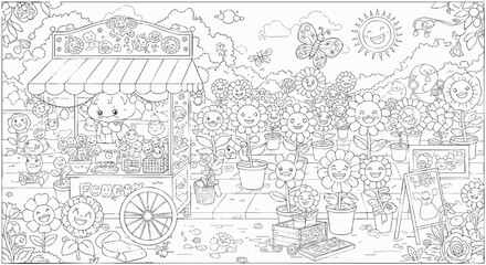 Delightful Cartoon Flower Market Scene for Coloring Book, Featuring Cheerful Blooms, Cozy Stall, and Nature's Whimsy – Perfect for Kids and Adults