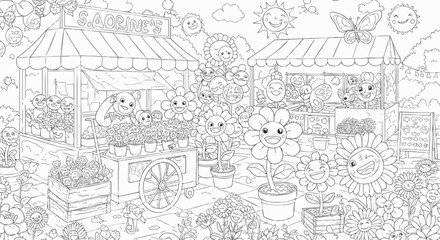 Fototapeta premium Whimsical Flower Market Coloring Page A Fun and Relaxing Adult Coloring Book