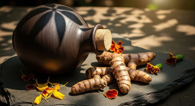 Turmeric root and herbal oil bottle for Ayurveda therapy