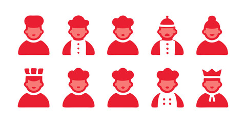 Collection of red chef icons isolated on white background displaying various styles of chef hats and uniforms, ideal for representing culinary professionals and expertise