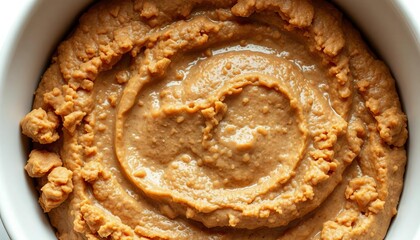 Fototapeta premium Crumbly brown paté pet food in a pristine white bowl, viewed from directly above, serving, domestic pet