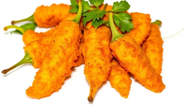 Crispy golden-brown mirchi bajji, spicy Indian snack, isolated on white,  recipe,  Indian cuisine