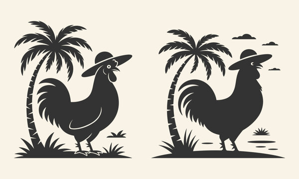 Vintage Rooster Camping Illustration with Campfire, Tropical Palm Trees, and Beach Vibes for Outdoor Adventure, Summer, and Vacation-Themed Projects