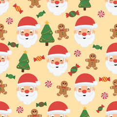 Christmas seamless pattern with santa claus, christmas tree, presents and sweets.