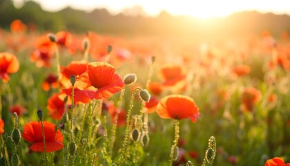 Obraz premium Poppy field at sunset