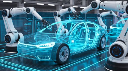 A futuristic car design is being assembled by robotic arms in a high-tech environment, highlighting automation in automotive manufacturing.