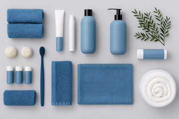 Blue and white spa essentials and toiletries flat lay. Knolling concept for bathroom wellness and hygiene.