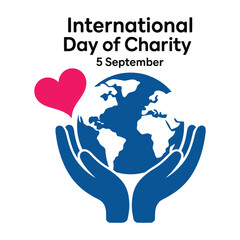 International Day of Charity illustration with blue hands holding globe, pink heart above, and observance text “5 September” in clean layout
