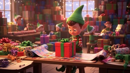 Festive Christmas Elf Workshop Scene with Gift Wrapping and Holiday Cheer showcasing cartoon elves preparing presents in a cozy seasonal setting full of colorful gifts and decorative details - Powered by Adobe