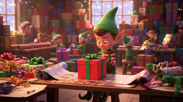 Festive Christmas Elf Workshop Scene with Gift Wrapping and Holiday Cheer showcasing cartoon elves preparing presents in a cozy seasonal setting full of colorful gifts and decorative details - Powered by Adobe