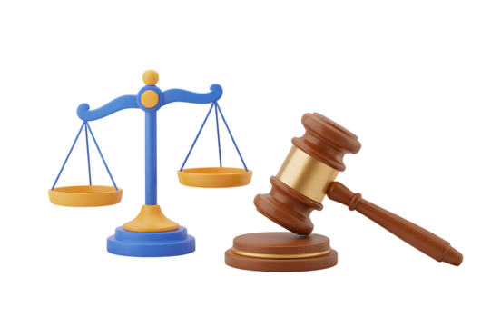 3D illustration of justice scale and judge gavel on light background, law and legal concept, Transparent PNG
