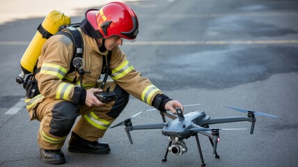A firefighter in gear operates a drone on the street, showcasing the integration of technology in emergency response.