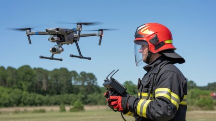 A firefighter operates a drone, showcasing modern technology in emergency response against a backdrop of trees and clear skies.