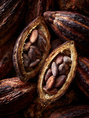 Close up of cacao pods split open revealing rich brown seeds, textured surface, natural organic food ingredient, earthy tones, tropical harvest, rustic background